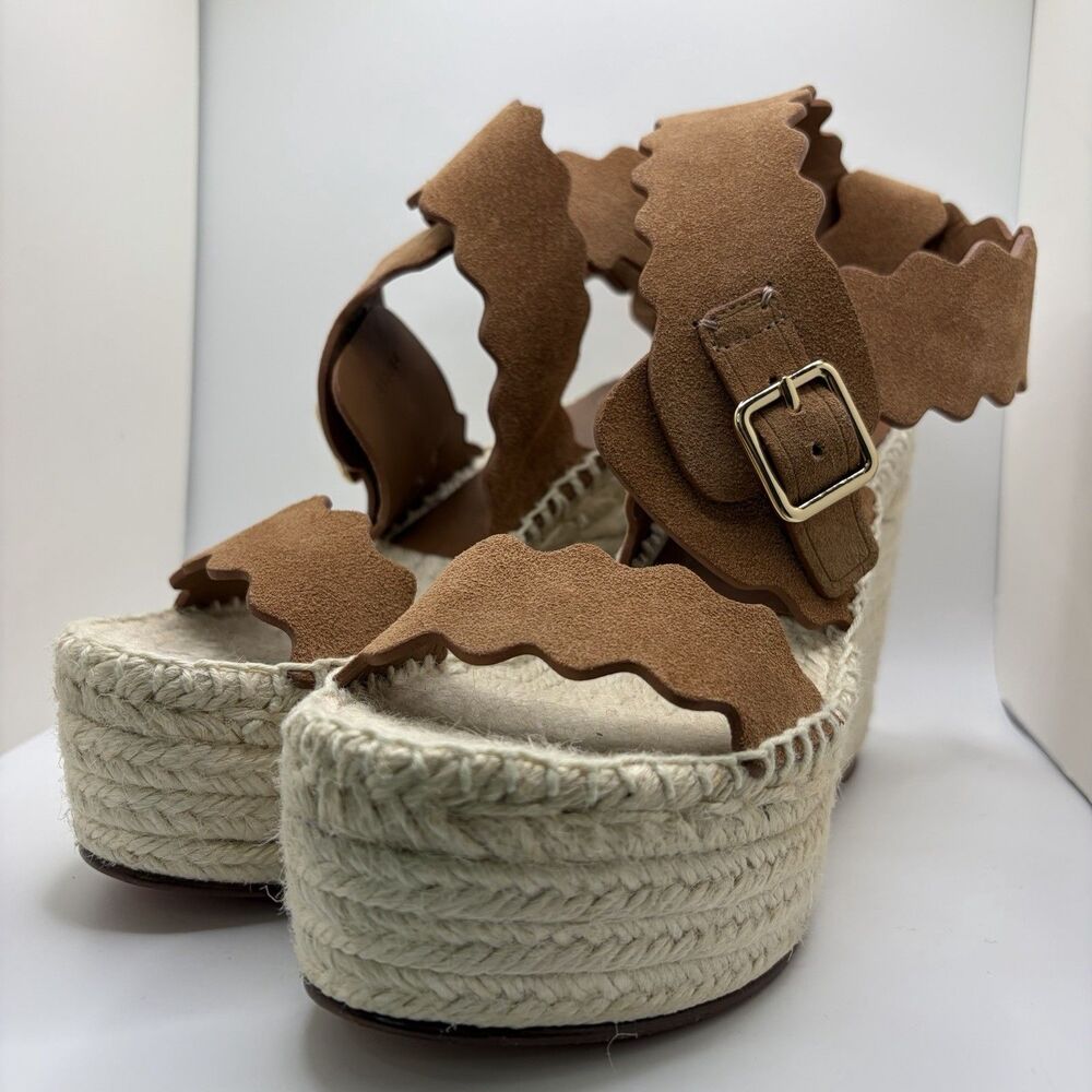 Chloe Lauren Scalloped Suede Espadrille Wedge Sandals Tan Brown US 7 EU 37 Lux
